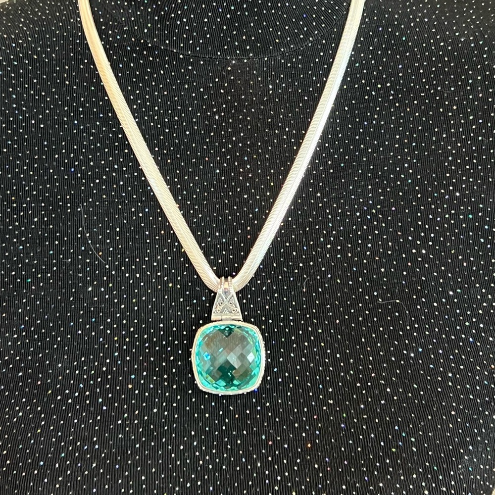 Sterling 925 Silver 22” Snake Chain w/ 2” Aquamarine Gemstone Charm NWOT